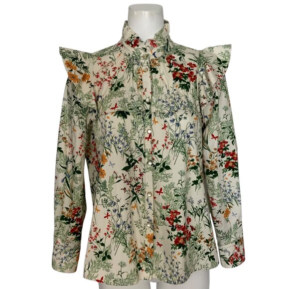 Tuckernuck Winnie Blouse S Sun Faded Fields Floral Ruffle Snap Front Feminine - Picture 1 of 12